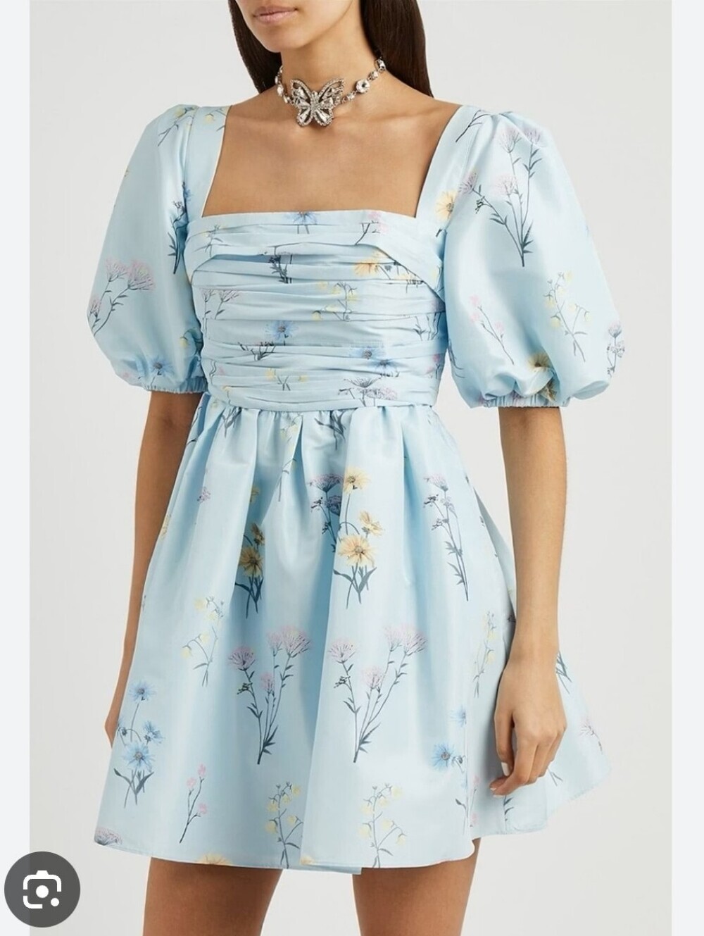 Self-Portrait Blue Floral Watercolour Taffeta Mini Dress Babydoll Puff Sleeve 0